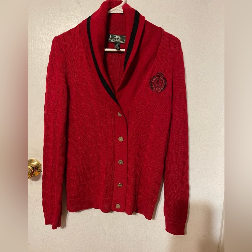RALPH LAUREN  RED  BLACK TRIM RLL INSIGNIA CABEL KNIT CARDIGAN SWEATER SIZE M